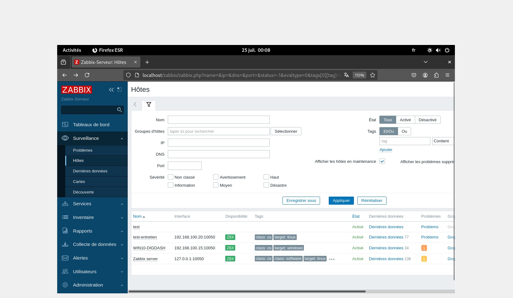 Interface Zabbix - vue d'écoute hôte Windows